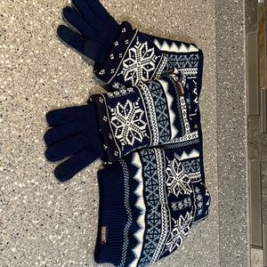 Blue and white scarf hat and gloves
